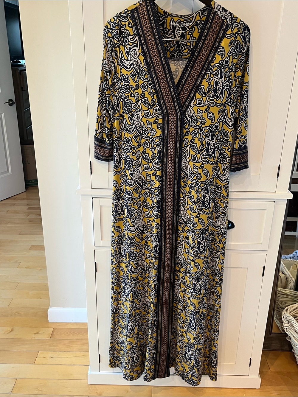 Soft Surroundings Yellow Paisley V-Neck Maxi Dress with Contrast Trim